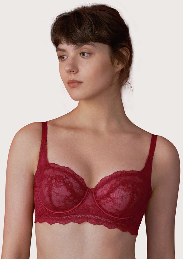 Floral Lace Unlined Bridal Burgundy Balconette Bra