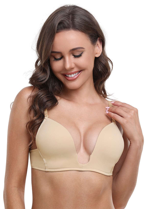 Deep U Plunge Push Up Low Back Wireless Bra