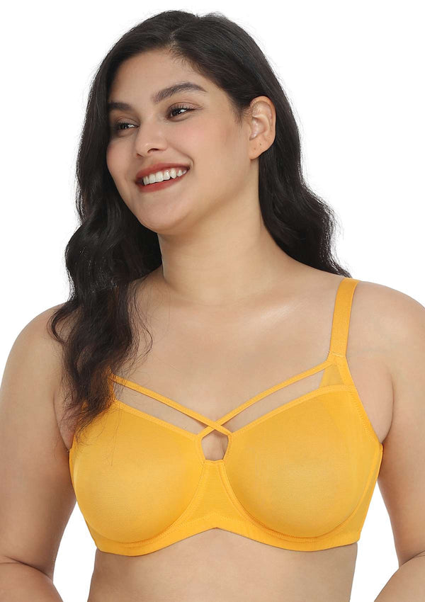 Billie Cross Front Strap Yellow Smooth Sheer Mesh Underwire Bra