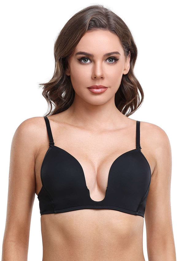 Deep U Plunge Push Up Low Back Wireless Bra