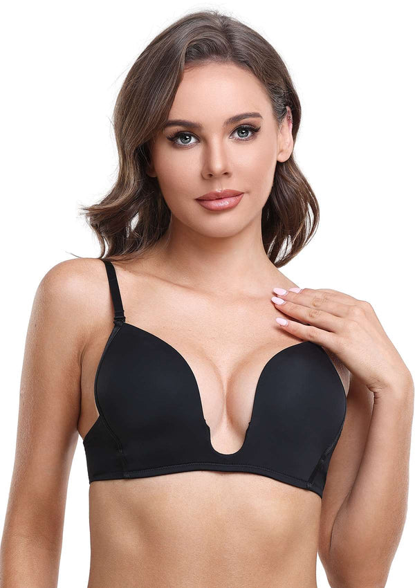 Deep U Plunge Push Up Low Back Wireless Bra