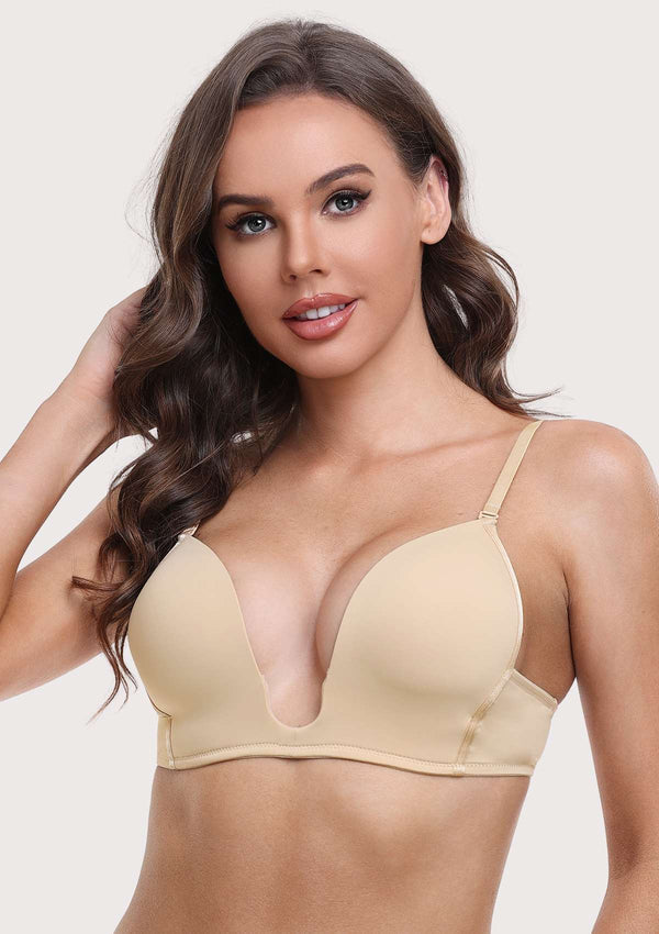 Deep U Plunge Push Up Low Back Wireless Bra