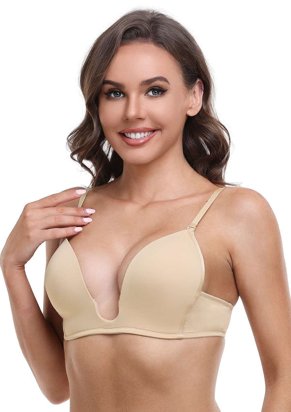 Deep U Plunge Push Up Low Back Wireless Bra