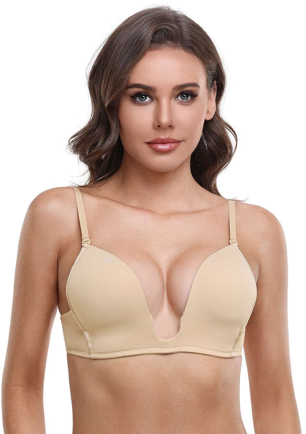 Deep U Plunge Push Up Low Back Wireless Bra