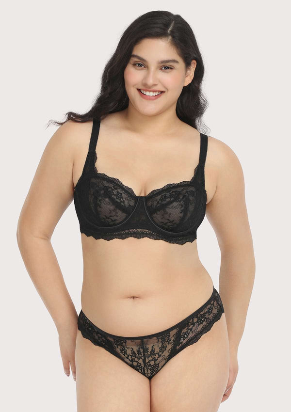 Floral Lace Unlined Bridal Black Balconette Bra