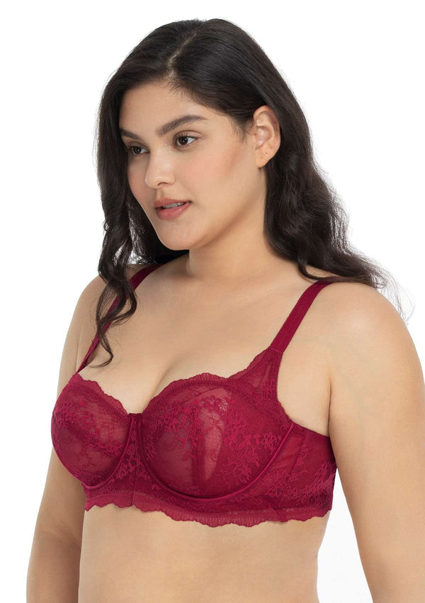 Floral Lace Unlined Bridal Burgundy Balconette Bra
