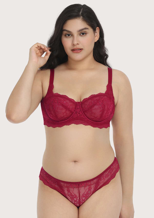 Floral Lace Unlined Bridal Burgundy Balconette Bra