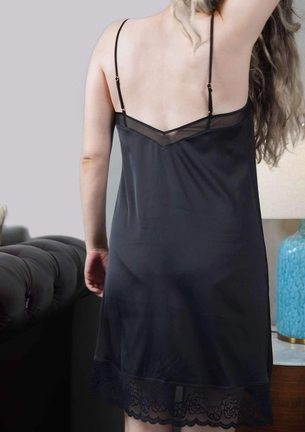 V-Neck Silky Chemise with Rose-Patterned Lace Trim