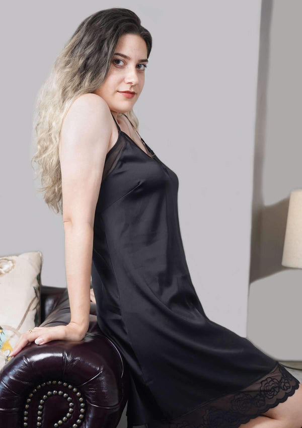 V-Neck Silky Chemise with Rose-Patterned Lace Trim
