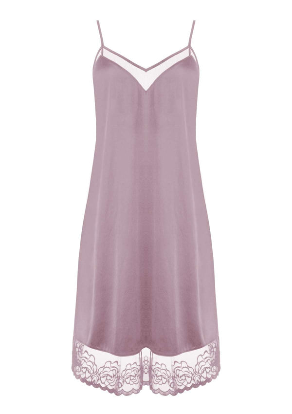 V-Neck Silky Chemise with Rose-Patterned Lace Trim