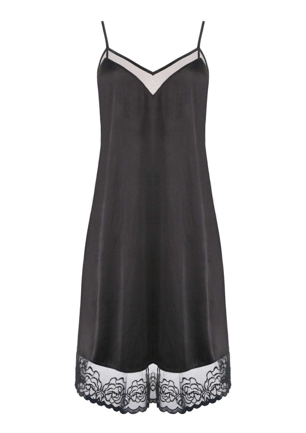 V-Neck Silky Chemise with Rose-Patterned Lace Trim
